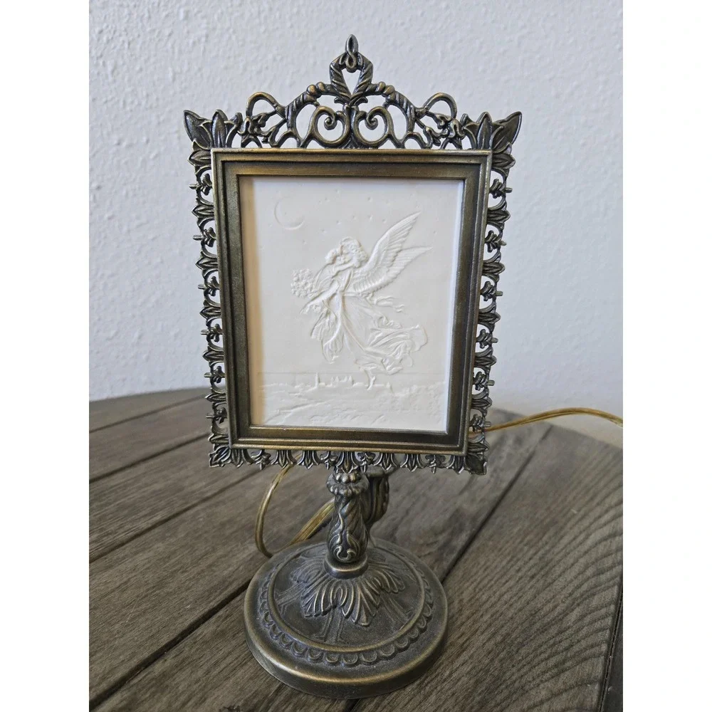 Vintage Victorian Style Lithopane Lamp Night Light Angel w/ Child Moon & Stars